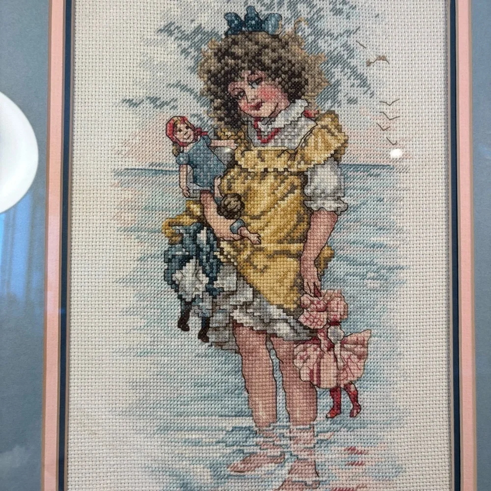 Handmaid Seaside Framed 21x14”Cross Stitch Girl w/ Dolls Beach Scene Vintage